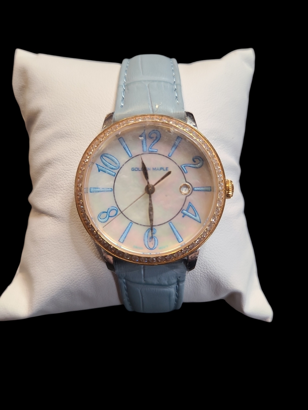 Ladies Light Blue Leather Strap Watch with Gold-Tone Bezel